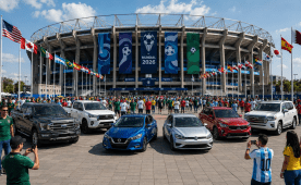 Autos populares de distintos países frente a un estadio del Mundial 2026 con fanáticos y banderas internacionales.